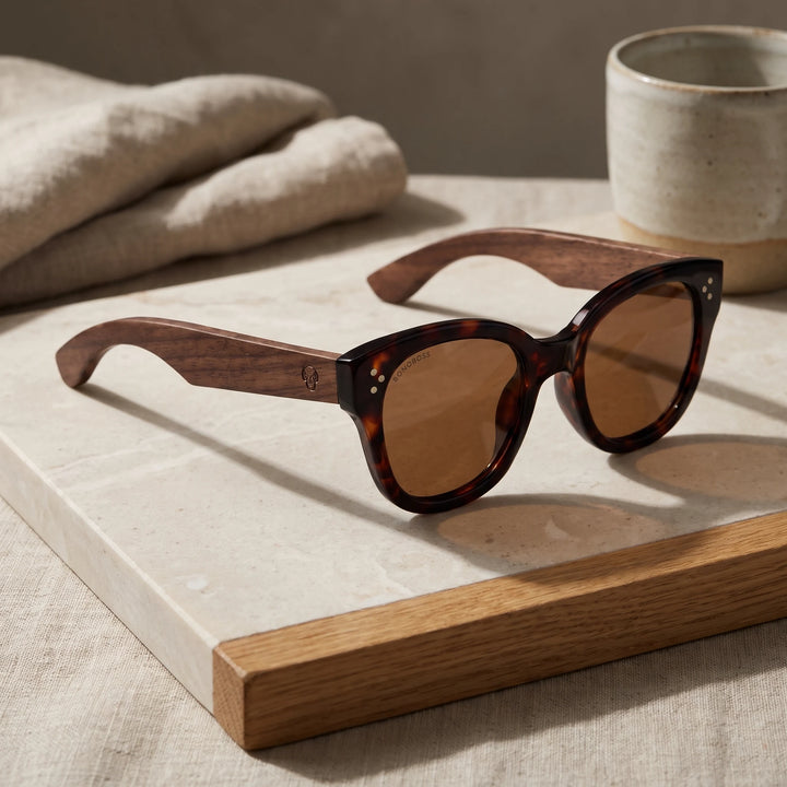 Lentes de sol Bonoboss Tren Tren Carey sobre piedra y roble con luz de ventana #editorial_sustentabilidad #color_carey