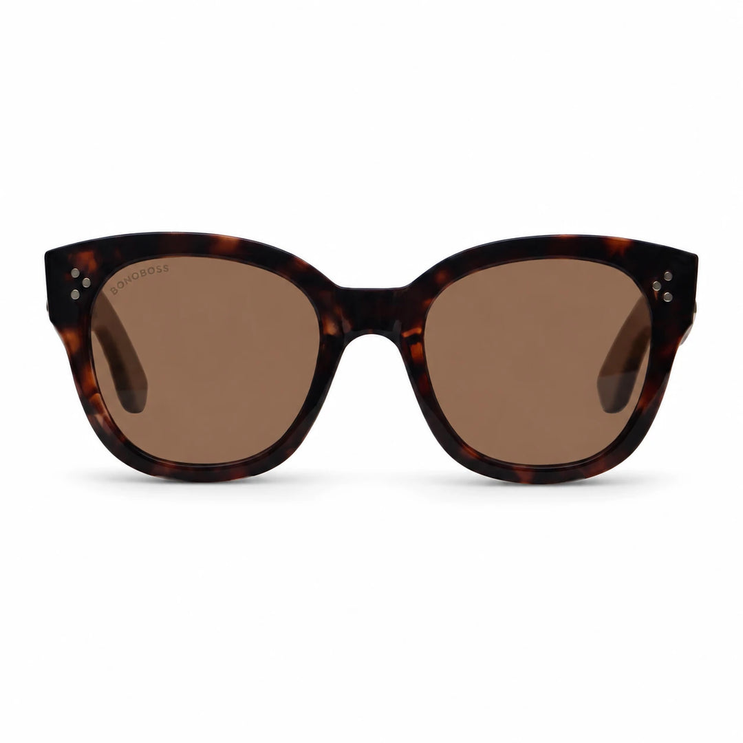 Lentes de sol Bonoboss Tren Tren Carey vista frontal varillas de madera #editorial_frontal #color_carey