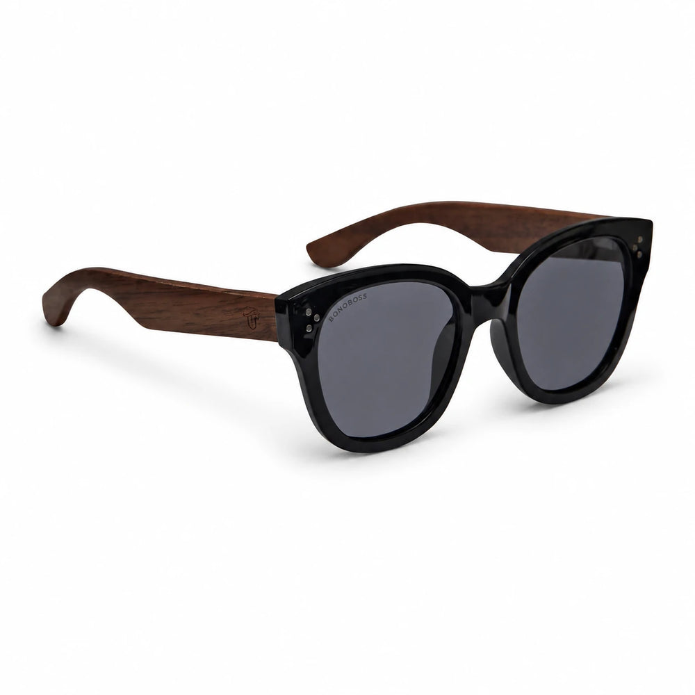 Lentes de sol Bonoboss Tren Tren Negro vista tres cuartos varillas de madera #editorial_angulo45 #color_negro
