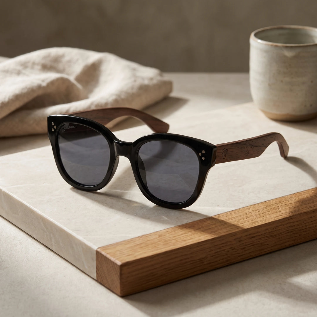 Lentes de sol Bonoboss Tren Tren Negro sobre piedra y roble con luz de ventana #editorial_sustentabilidad #color_negro