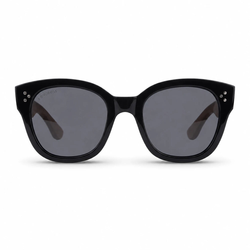 Lentes de sol Bonoboss Tren Tren Negro vista frontal varillas de madera #editorial_frontal #color_negro