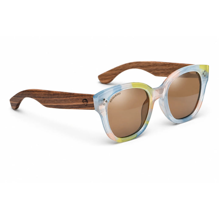 Lentes de sol Bonoboss Tren Tren Yellow vista tres cuartos varillas de madera #editorial_angulo45 #color_yellow