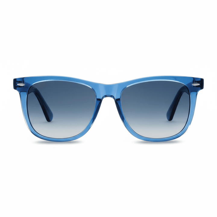 lentes de sol polarizados ovalados para hombre y mujer modelo wayfarer de rayban color azul transparente con lentes degrade azules polarizadas distribuidor mayorista de opticas sustentable reciclado plastico #color_azul
