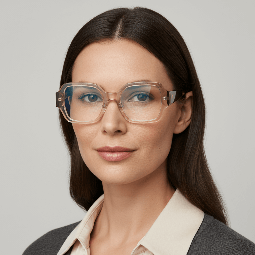 una mujer de cara ovalada de ojos color verde y pelo liso tomado de color castaño usando unos armazones anteojos marcos opticos Bonoboss en acetato biodegradable reciclado sustentable de tamaño XL extra grandes oversized de #color_pink-havana