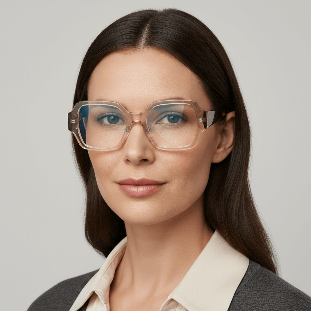 vista frontal de una mujer de cara ovalada de ojos color verde y pelo liso tomado de color castaño usando unos armazones anteojos marcos opticos Bonoboss en acetato biodegradable reciclado sustentable de tamaño XL extra grandes oversized de #color_pink-havana