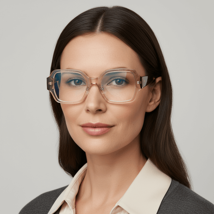 vista frontal de una mujer de cara ovalada de ojos color verde y pelo liso tomado de color castaño usando unos armazones anteojos marcos opticos Bonoboss en acetato biodegradable reciclado sustentable de tamaño XL extra grandes oversized de #color_pink-havana