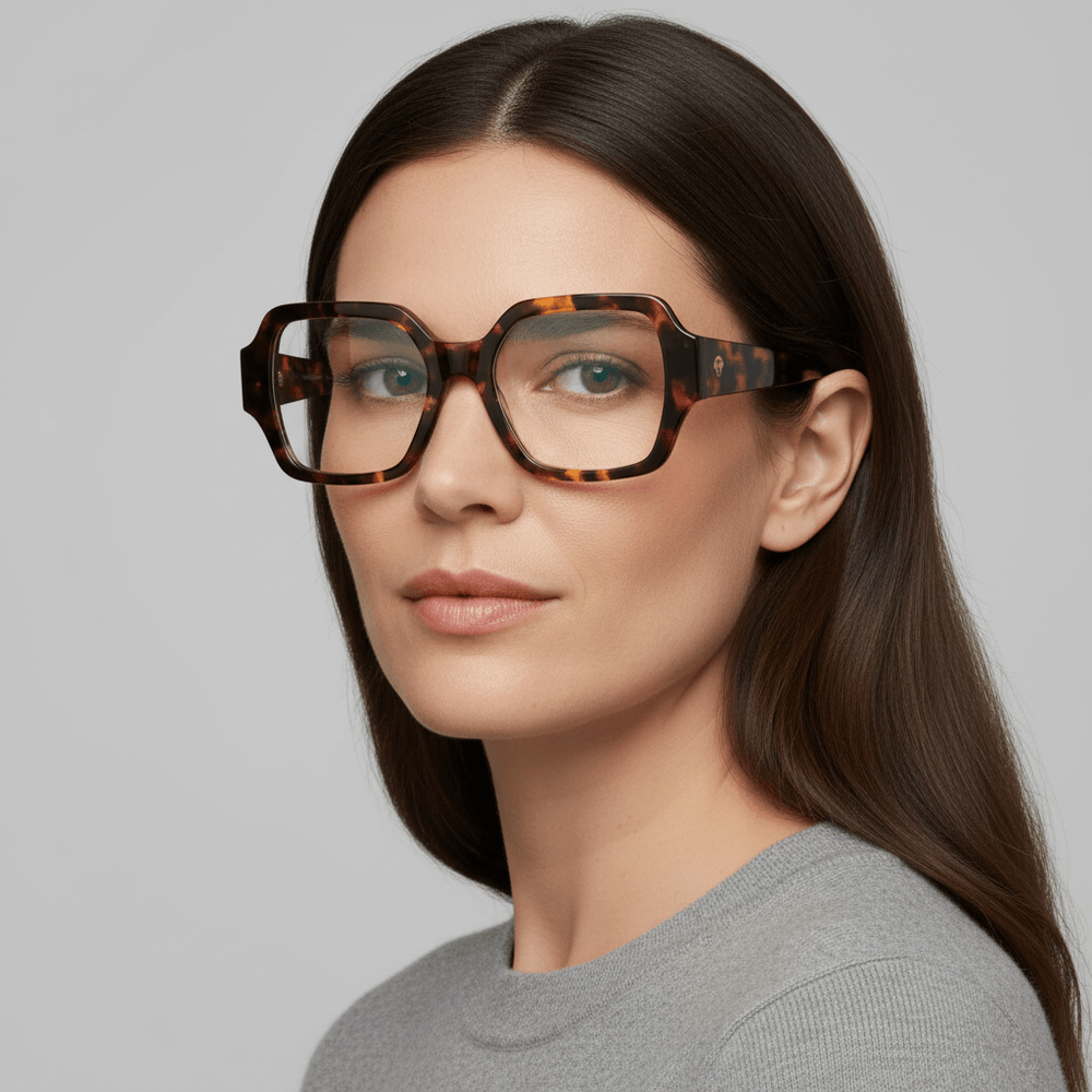 una mujer de cara ovalada de ojos color verde y pelo liso tomado de color castaño usando unos armazones anteojos marcos opticos Bonoboss en acetato biodegradable reciclado sustentable de tamaño XL extra grandes oversized de #color_pink-havana