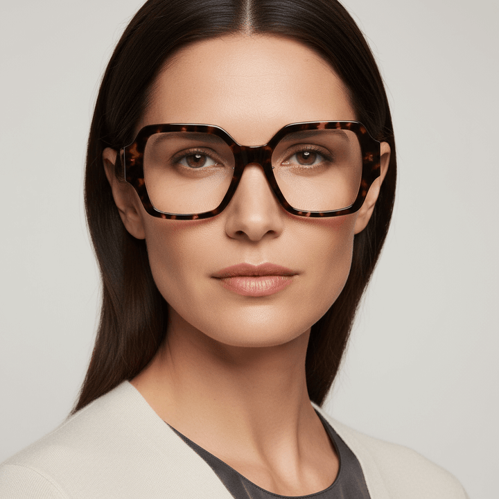 vista frontal de una mujer de cara ovalada de ojos color ambar y pelo liso suelto de color castaño usando unos armazones anteojos marcos opticos Bonoboss en acetato biodegradable reciclado sustentable de tamaño XL extra grandes oversized de #color_carey