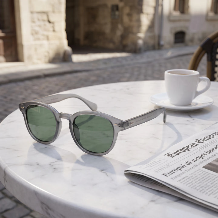 Lentes de sol Bonoboss Waimea RPET Transparente G15 sobre mesa de mármol en terraza de café #editorial_grid1 #color_transparente-g15