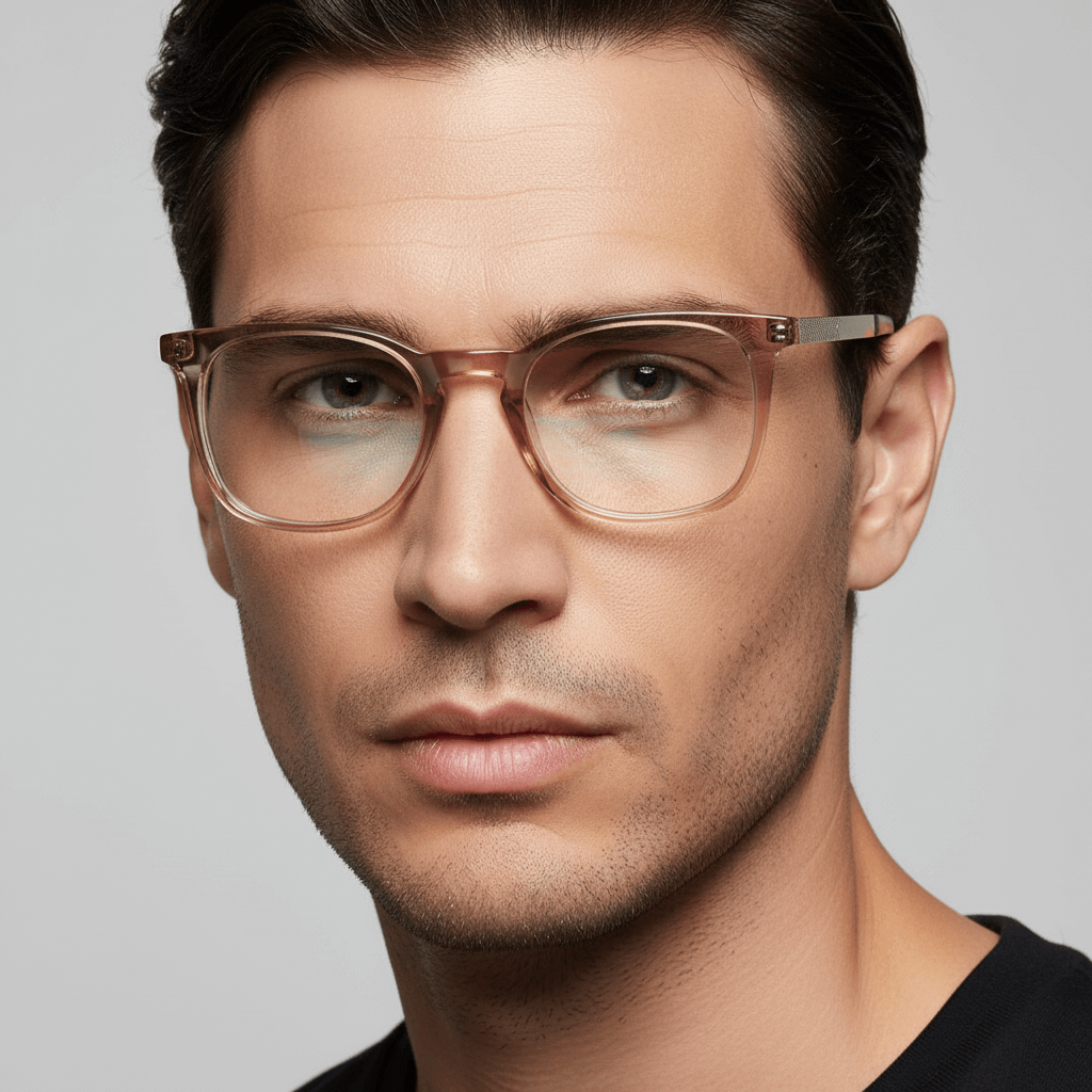 close up frontal de un hombre usando anteojos armazones opticos Bonoboss en acetato reciclado biodegradable sustentable con receta optica de #color_blonde-crystal
