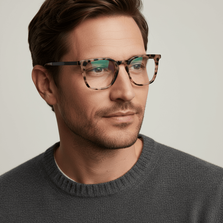 la vista lateral de un modelo hombre de ojos cafe usando unos armazones marcos opticos Bonoboss con receta en acetato sustentable reciclado de #color_marble