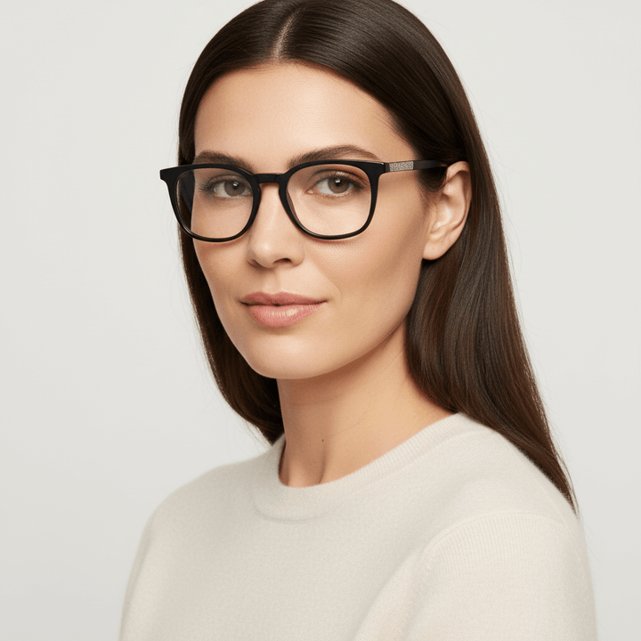 la vista frontal de una modelo mujer de ojos ambar usando unos armazones marcos opticos Bonoboss con receta en acetato sustentable reciclado de #color_negro