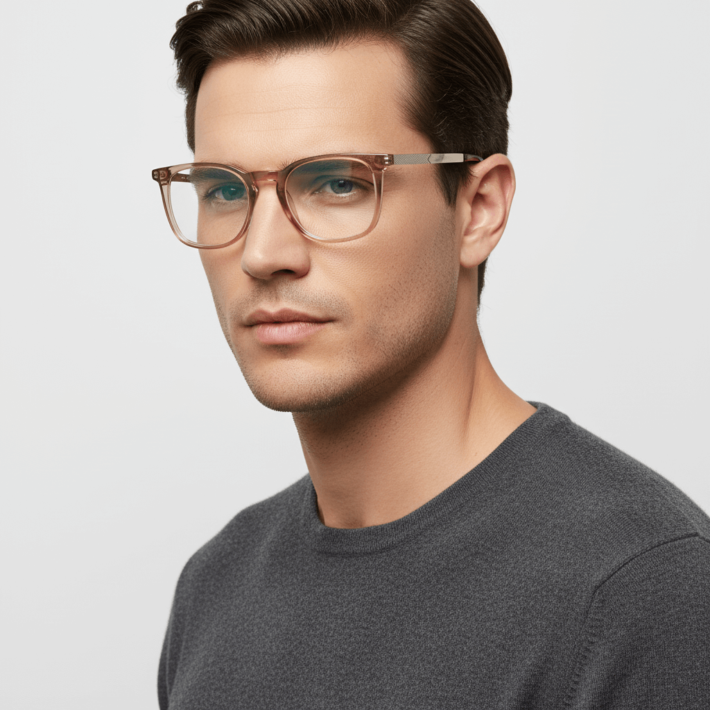 vista lateral de un hombre usando anteojos armazones opticos Bonoboss en acetato reciclado biodegradable sustentable con receta optica de #color_blonde-crystal