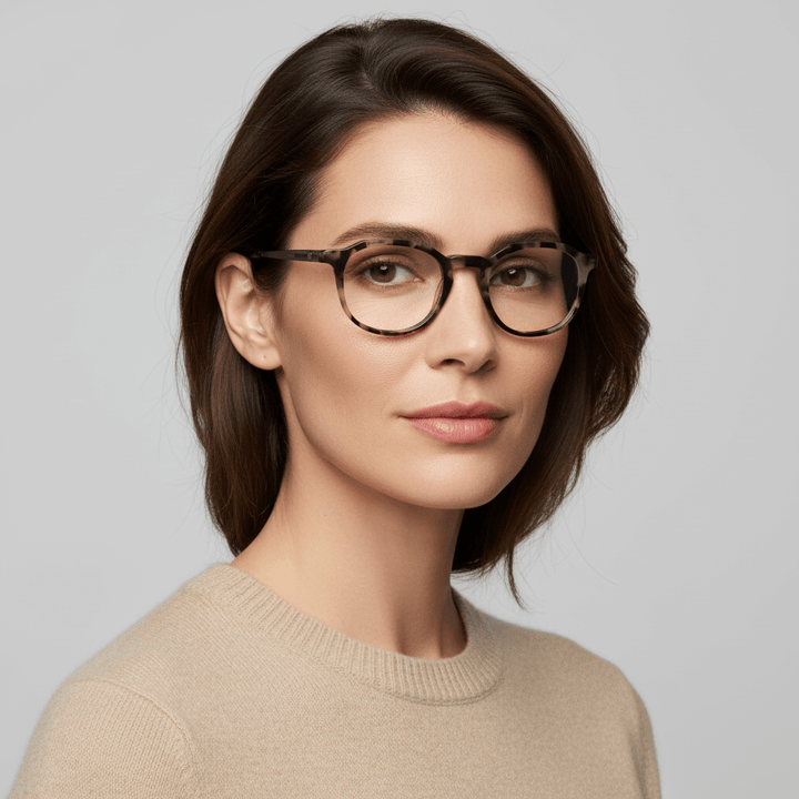 vista lateral de una mujer de cara ovalada y pelo liso suelto usando anteojos armazones opticos Bonoboss en acetato reciclado biodegradable sustentable con receta optica de #color_marble
