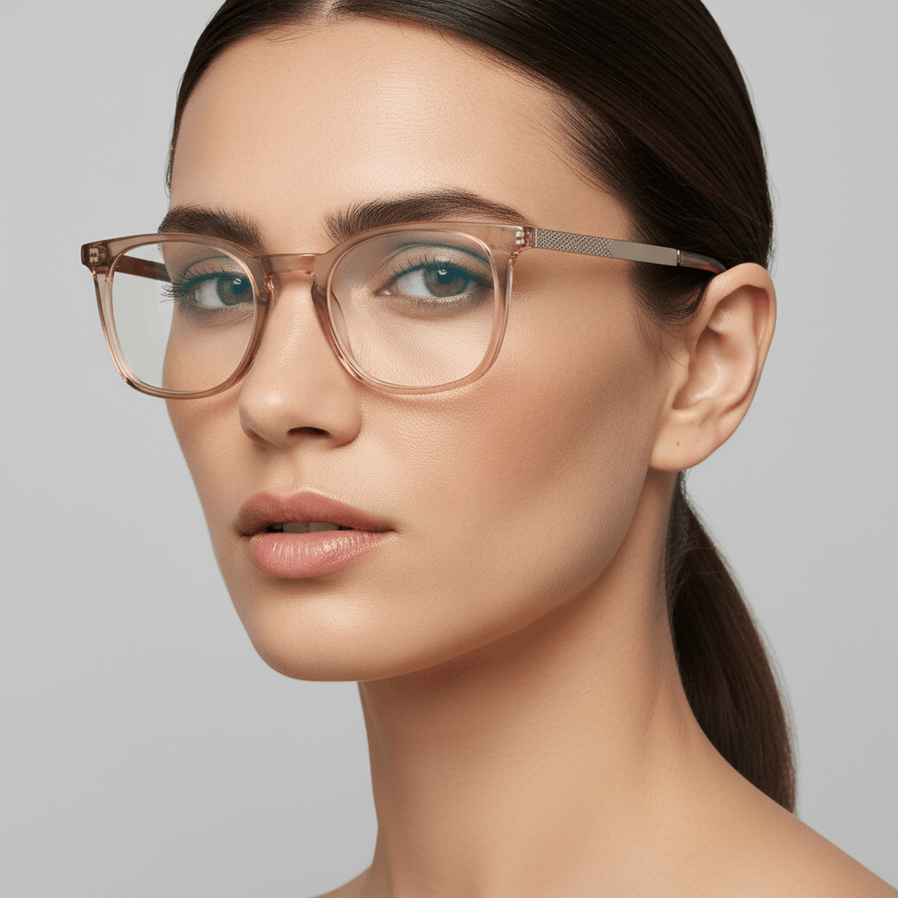 la vista frontal de una modelo mujer de ojos verdes usando unos armazones marcos opticos Bonoboss con receta en acetato sustentable reciclado de #color_marble