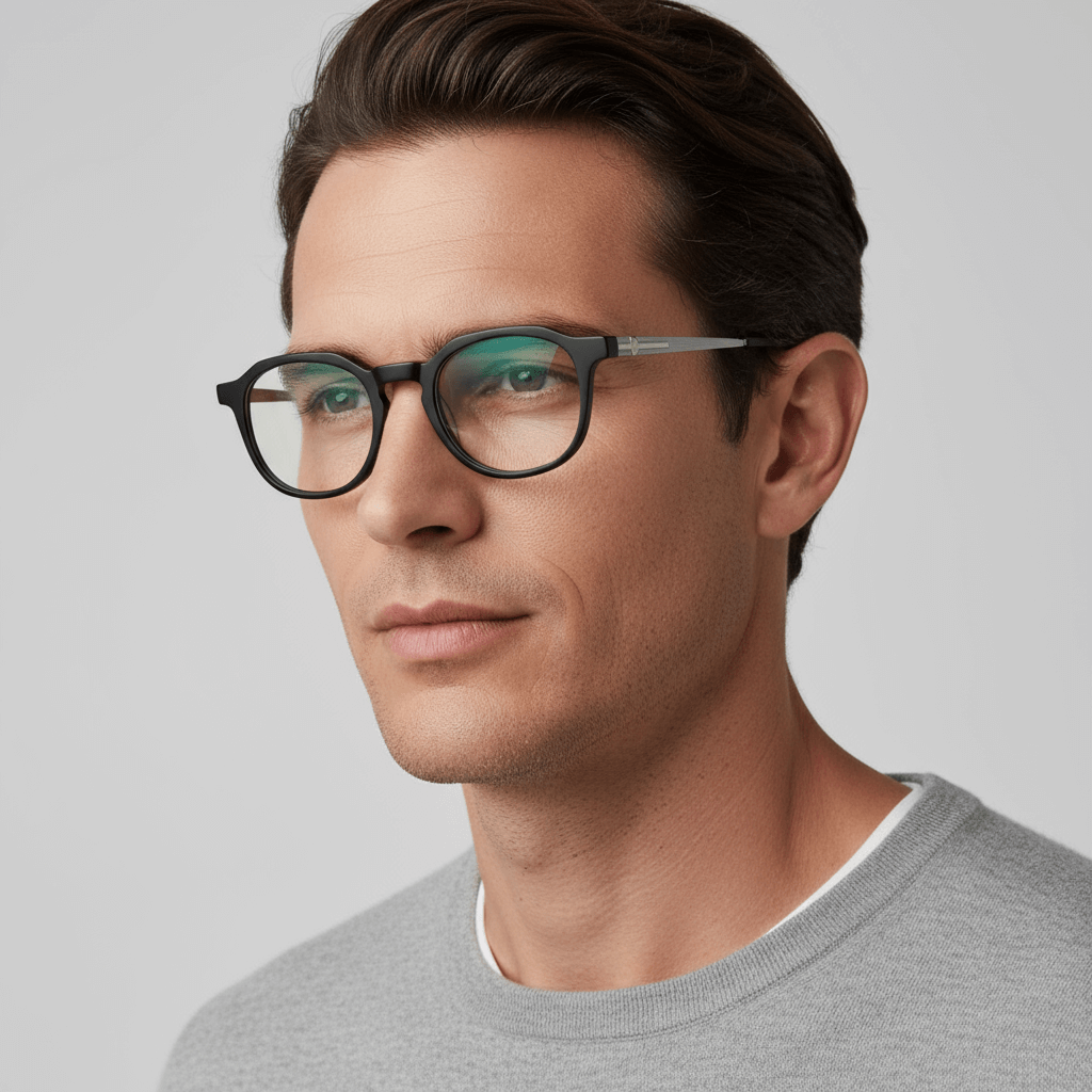 close up lateral de un hombre usando anteojos armazones opticos Bonoboss en acetato reciclado biodegradable sustentable con receta optica de #color_negro