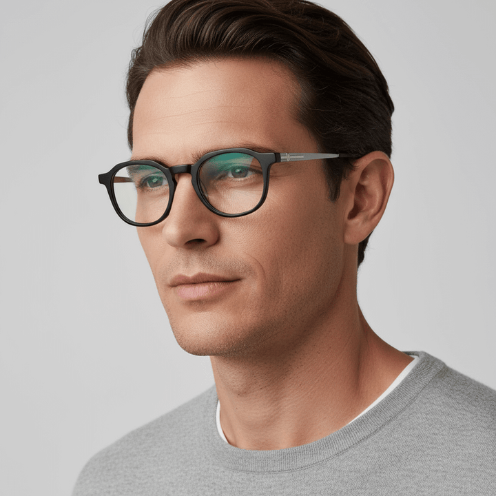 close up lateral de un hombre usando anteojos armazones opticos Bonoboss en acetato reciclado biodegradable sustentable con receta optica de #color_negro