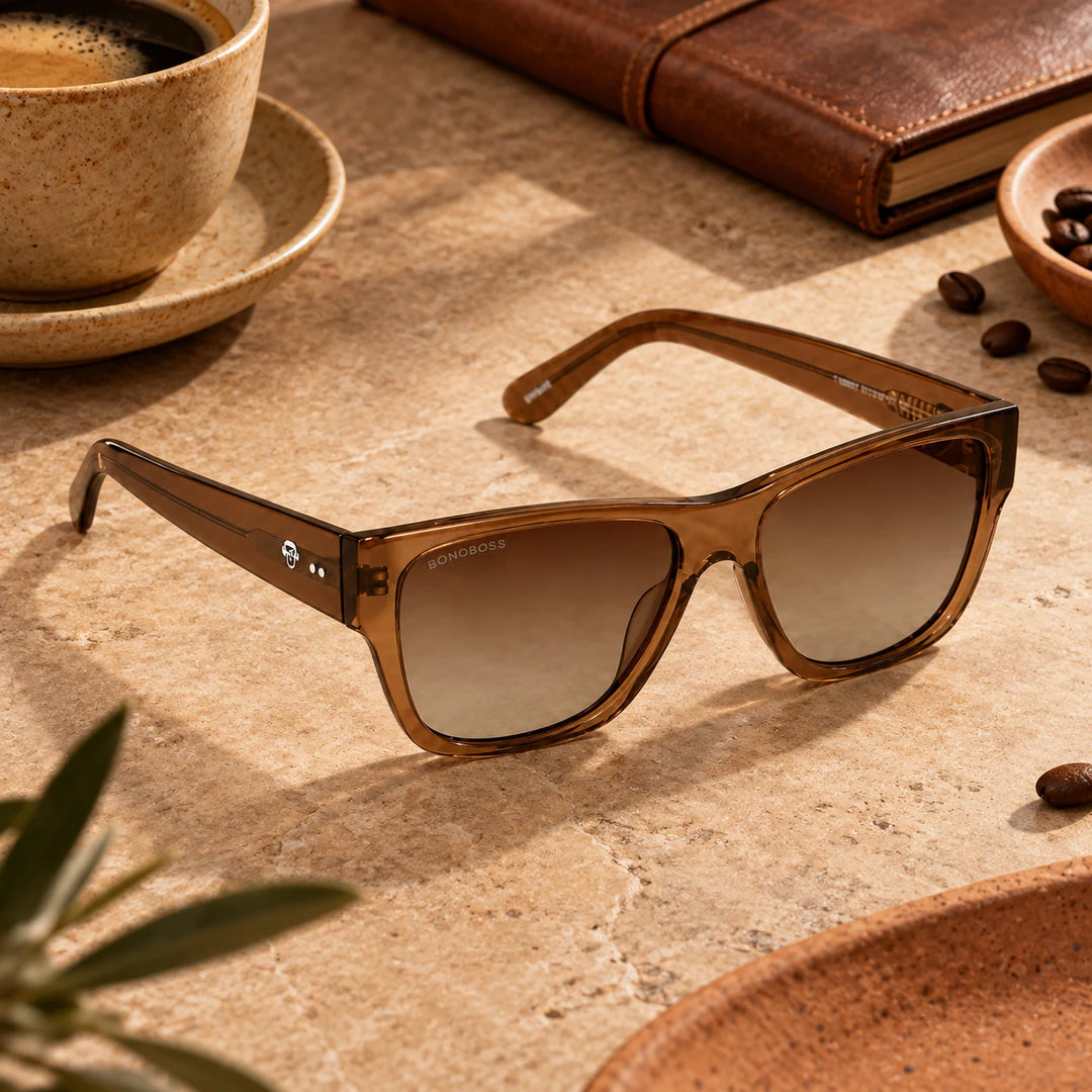 Lentes de sol polarizados Zorros Café Transparente lente Café Degradado bodegón sobre madera con café Bonoboss #editorial_grid1 #color_brown