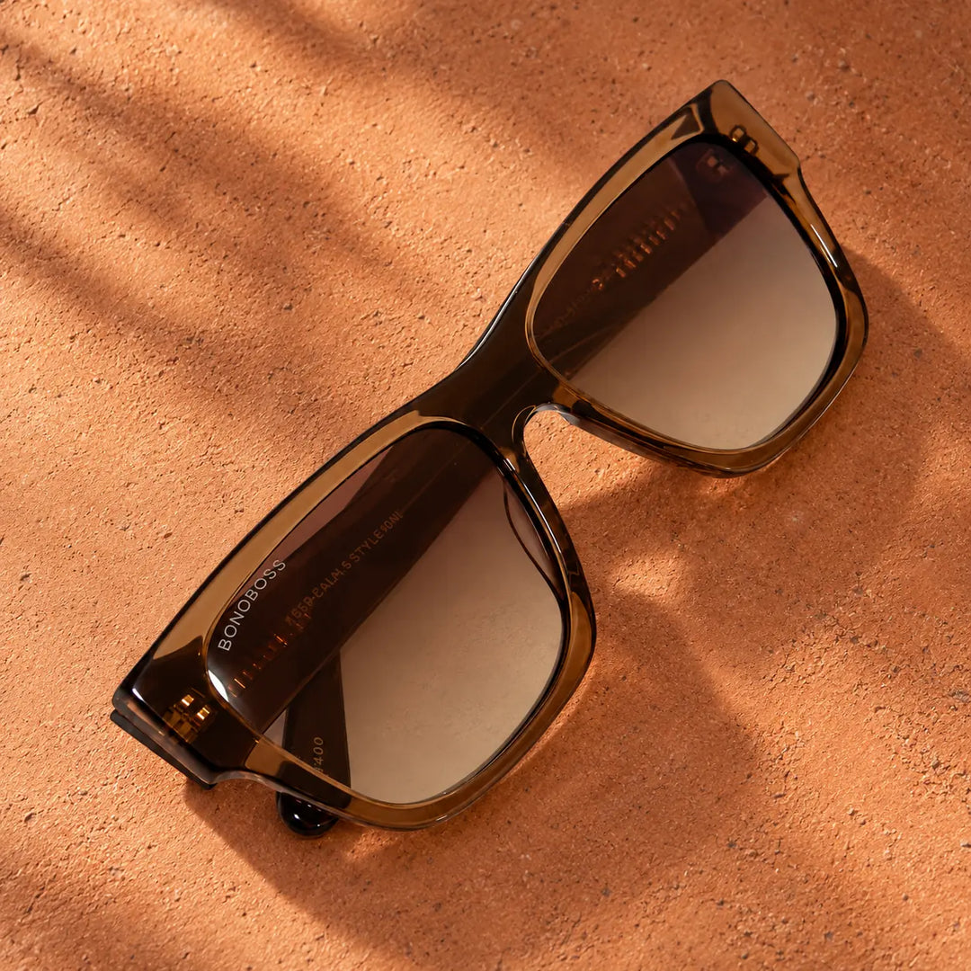 Lentes de sol polarizados Zorros Café Transparente lente Café Degradado bodegón vista cenital sobre arcilla Bonoboss #editorial_sustentabilidad #color_brown