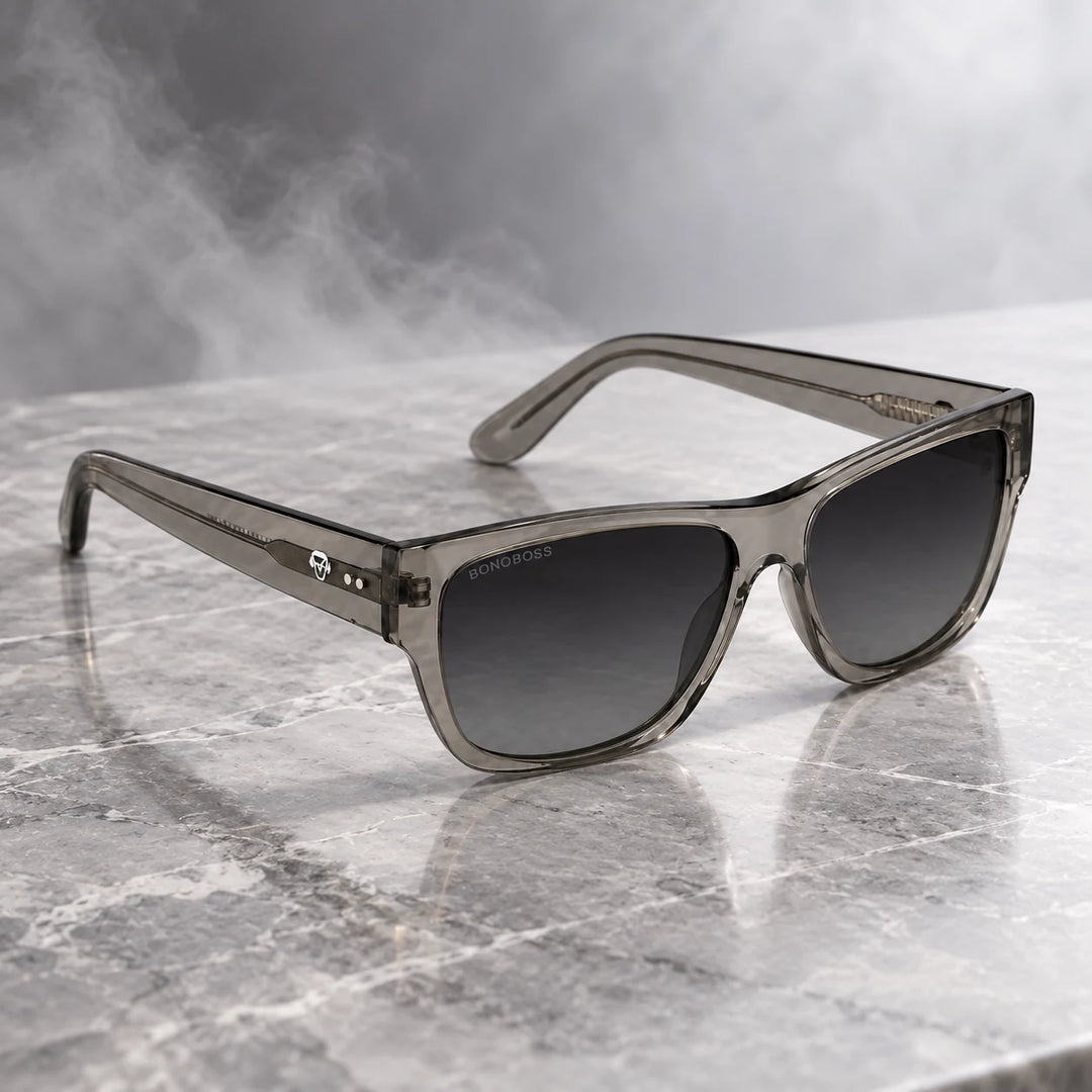 Lentes de sol polarizados Zorros Gris Transparente lente Gris Degradado bodegón sobre mármol con bruma Bonoboss #editorial_polarizado #color_gris