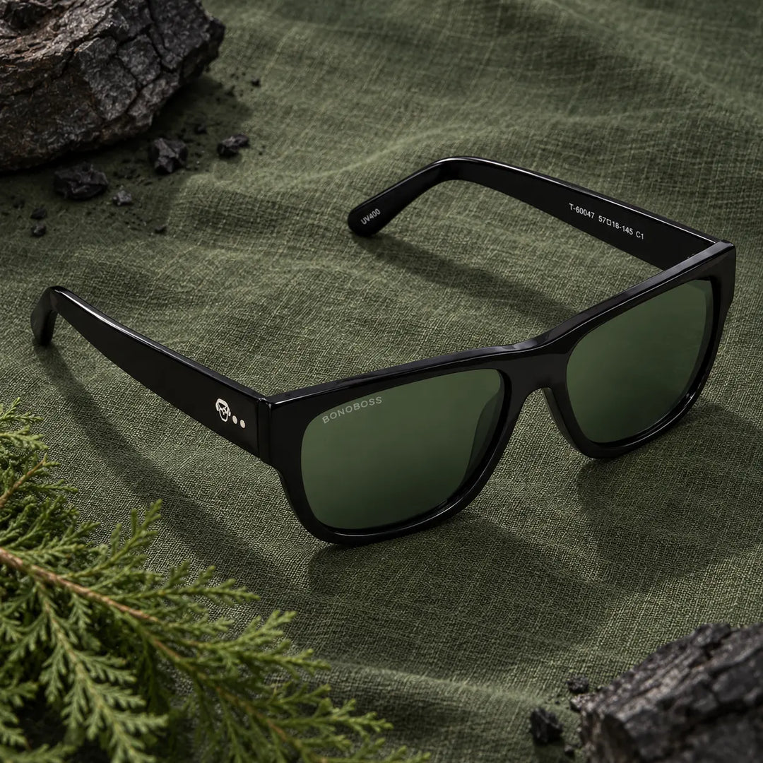 Lentes de sol polarizados Zorros Negro lente Verde bodegón sobre lino verde con pino Bonoboss #editorial_sustentabilidad #color_negro
