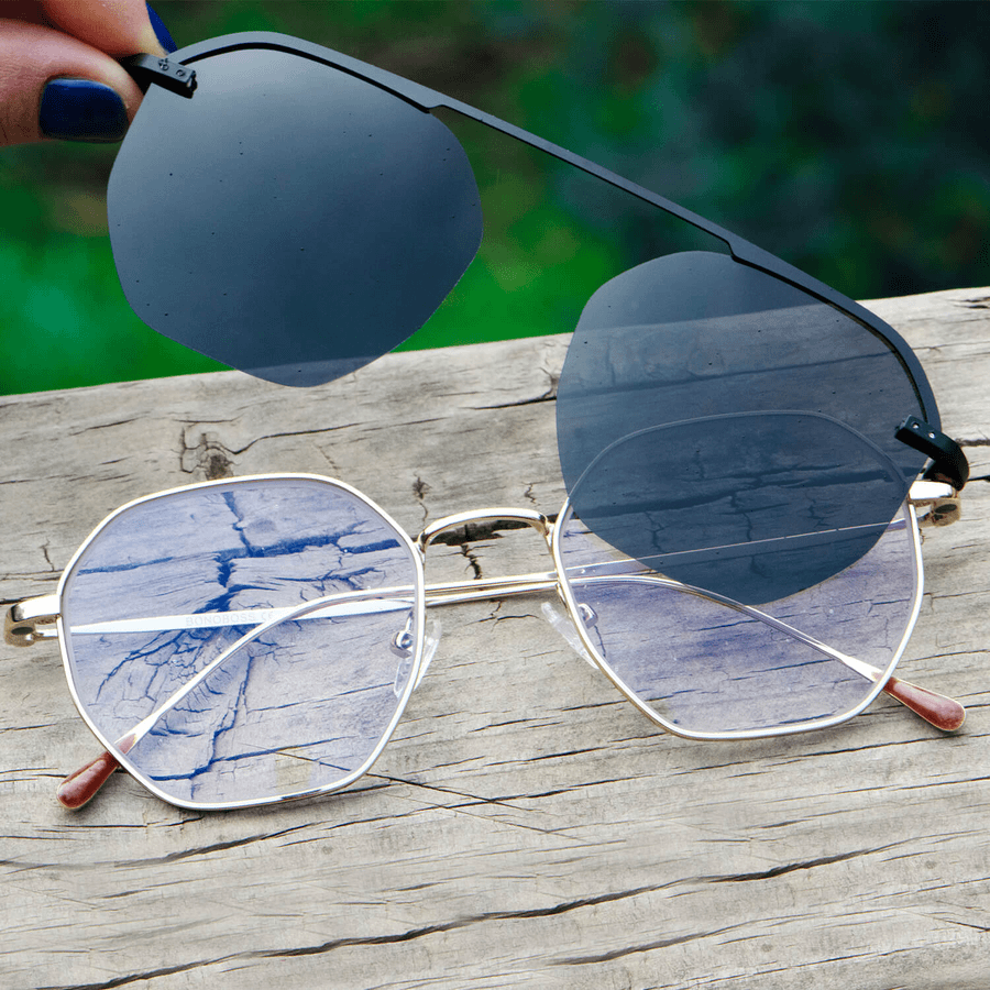 armazon optico con clip de sol polarizado delgado y liviano con o sin receta optica bonoboss distribuidor de marcos opticos mayorista de opticas #color_gold