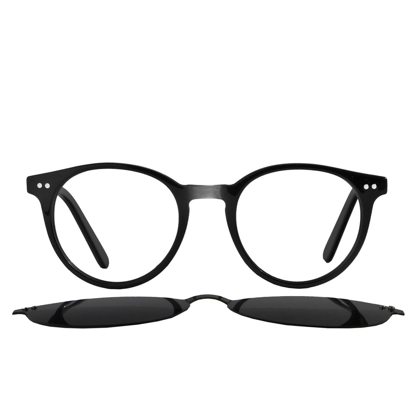 Vista frontal de marco óptico redondo para hombre y mujer con clip polarizado para el sol. Compra tus lentes ópticos con receta oftalmológica online.
