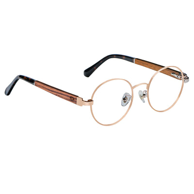 lentes marcos opticos redondos de color dorado metalicos con patas de madera natural