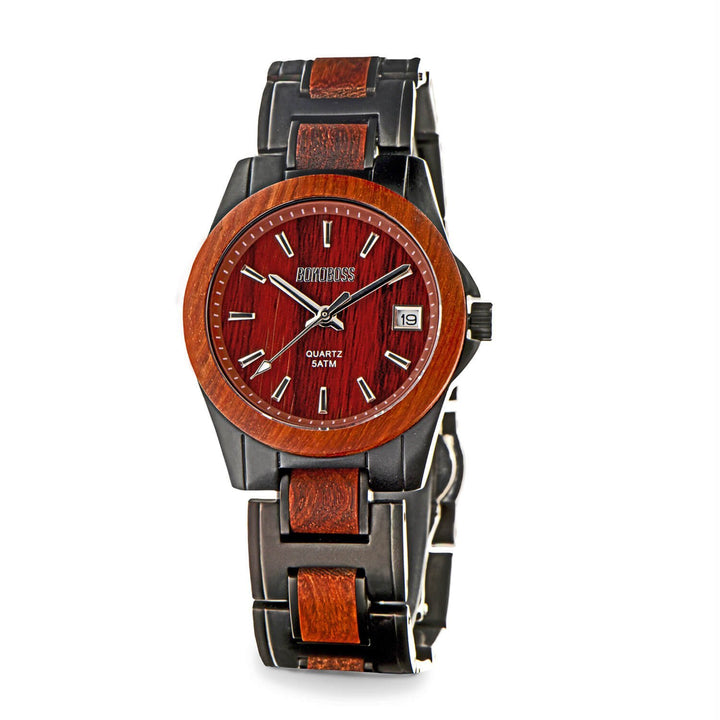 reloj de acero inoxidable y madera natural de sándalo rojo para mujer