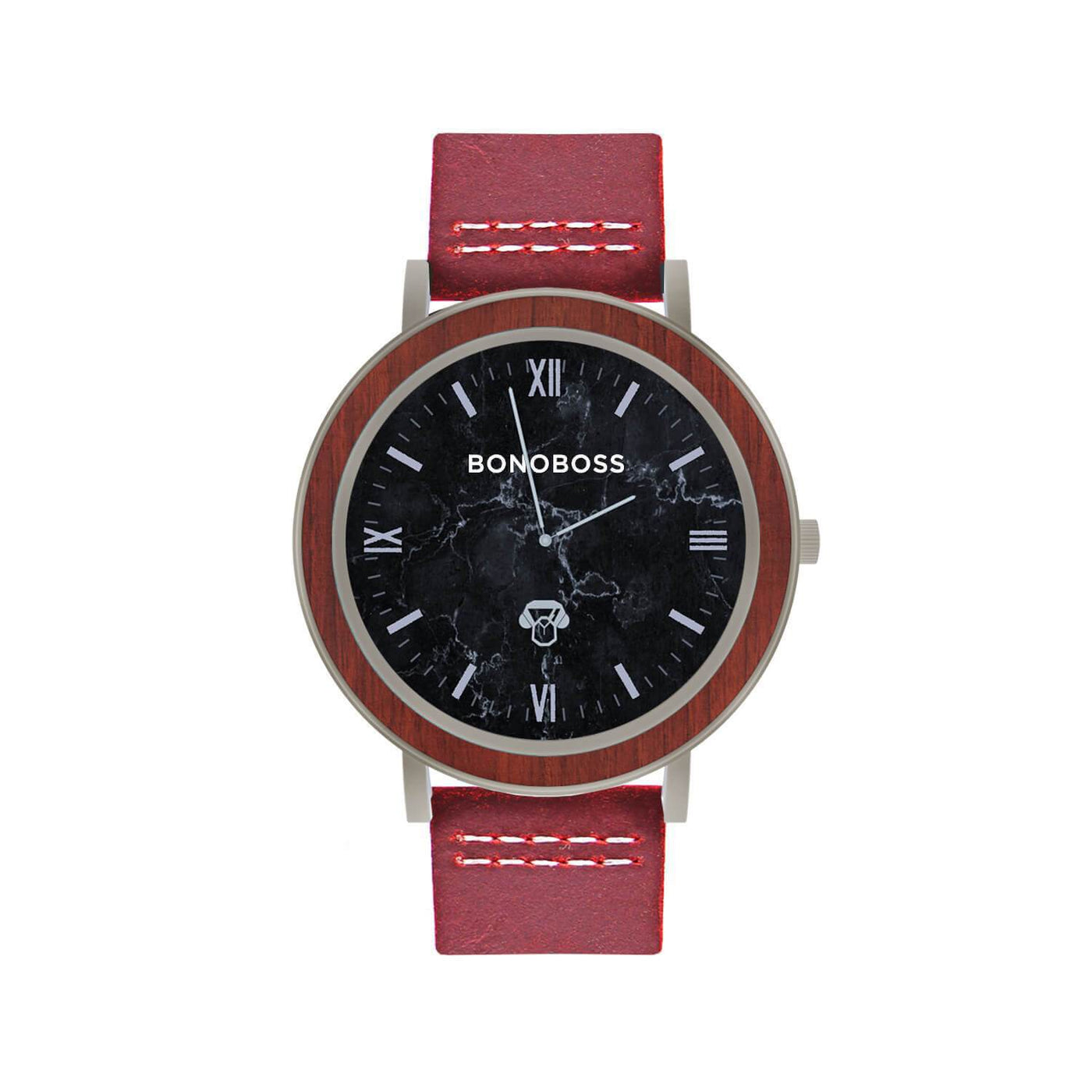 reloj de acero inoxidable plateado con correa de cuero intercambiable roja y fondo negro marmoleado
