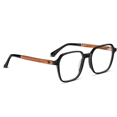 anteojos marcos opticos de color negro con patas de madera de zebrano con receta optica para hombre y mujer 