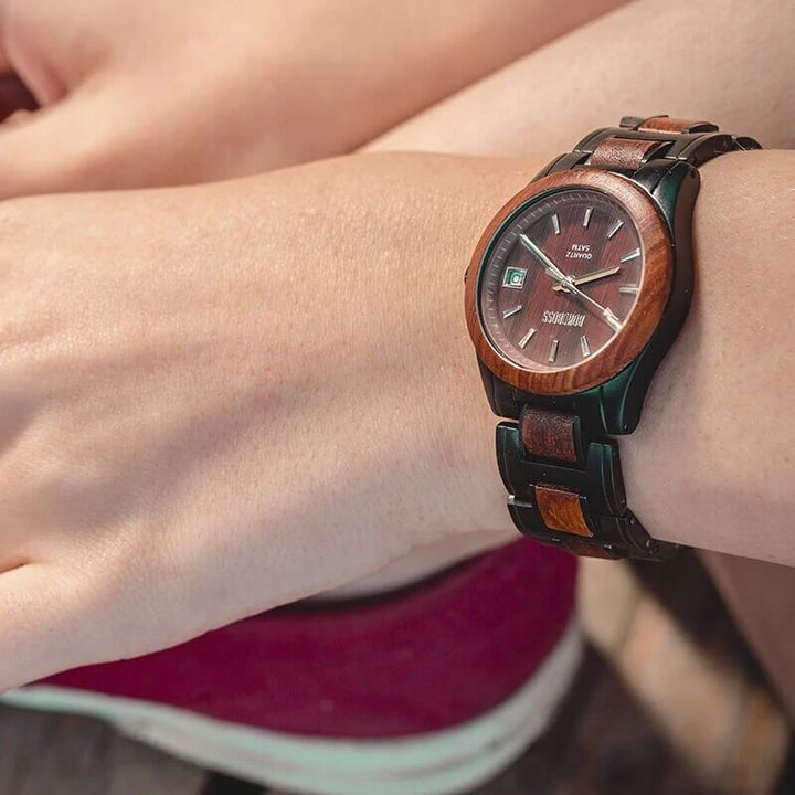 reloj de acero inoxidable y madera para mujer