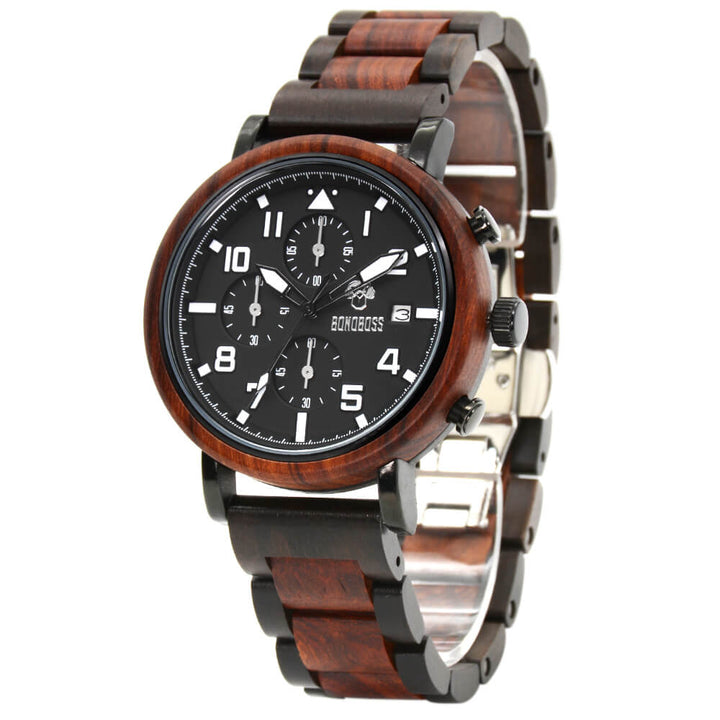 reloj cronografo para hombre de acero inoxidable con madera. Caja de color rojo con negro y correa de color negra con rojo