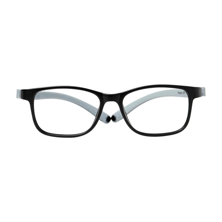 anteojos o marcos opticos de niño y niña de forma rectangular vista frontal de unos anteojos de color negro con el interior de las varillas de color gris. armazones opticos de goma indestructibles para niños #color_gris