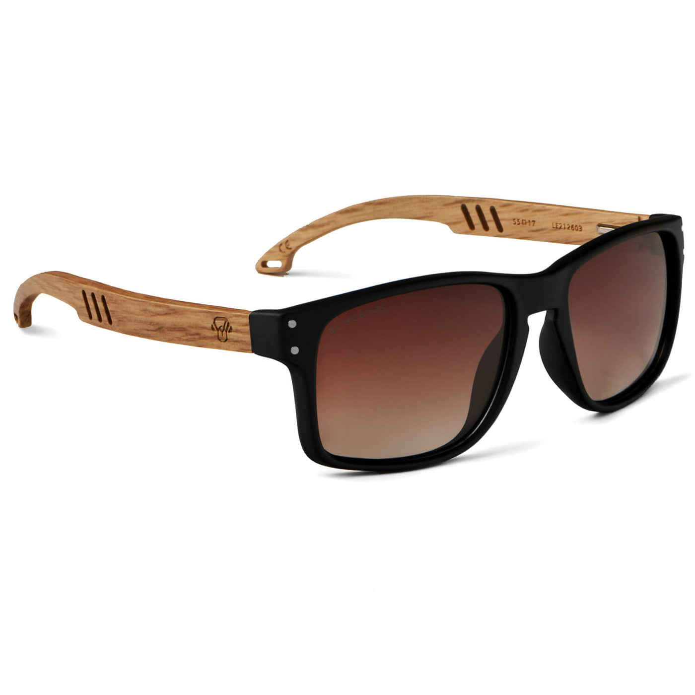 anteojos de sol polarizados de color negro con lentes degradé café de forma rectangular con patas de madera