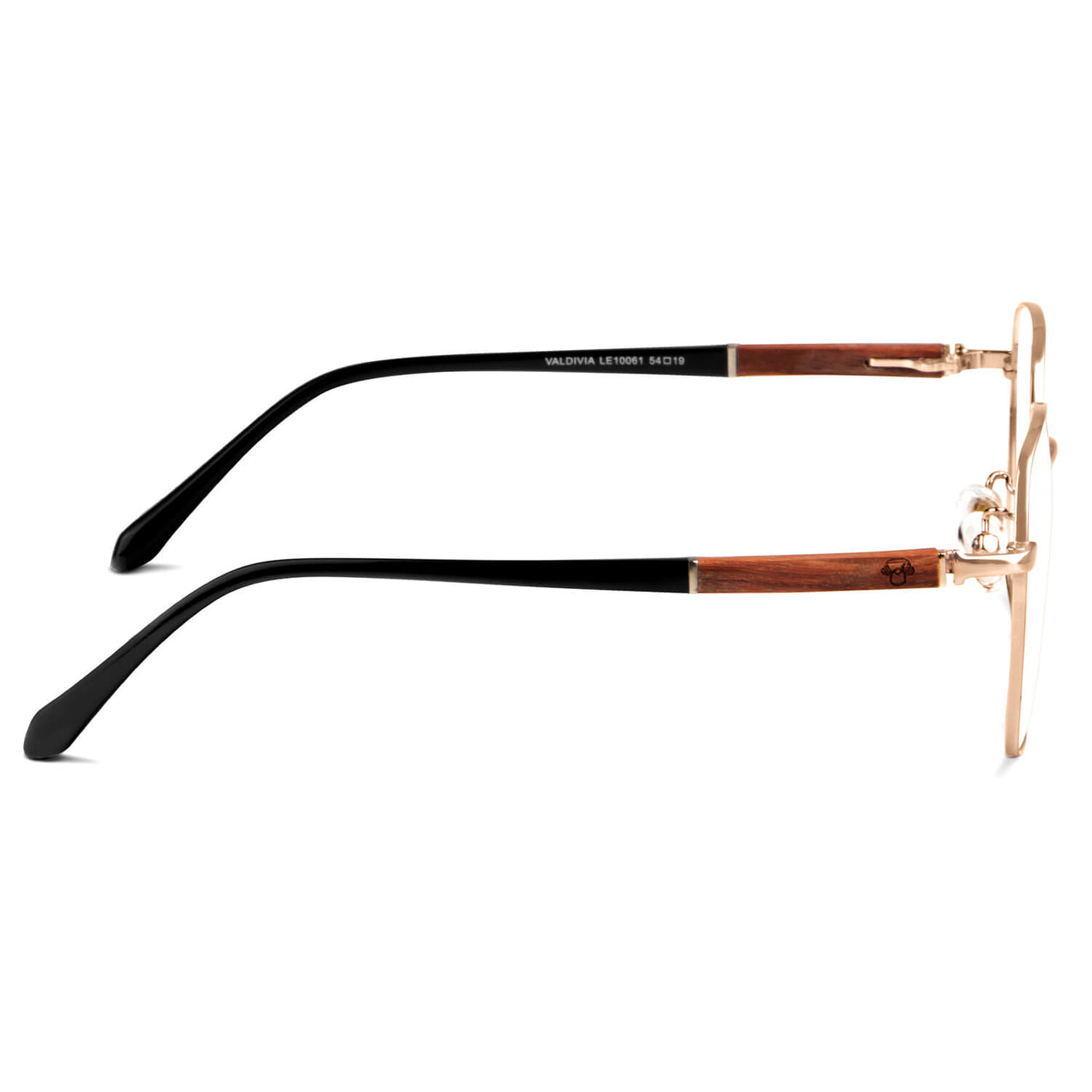 Anteojos marcos lentes opticos dorados con patas de madera sustentable para hombre y mujer de cara redonda moda lateral